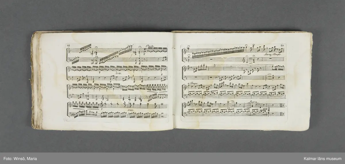 KLM 21069:1. Notbok, tryck. Av papper. På omslaget: Musikaliskt Tidsfördrif för år 1802. Stockholm och Kongl. Priviligierade Not-Tryckeriet. Tvärformat. Sidor 77-80 saknas. Kompositioner av bl.a. Naumann, Della-Maria, Åhlström.