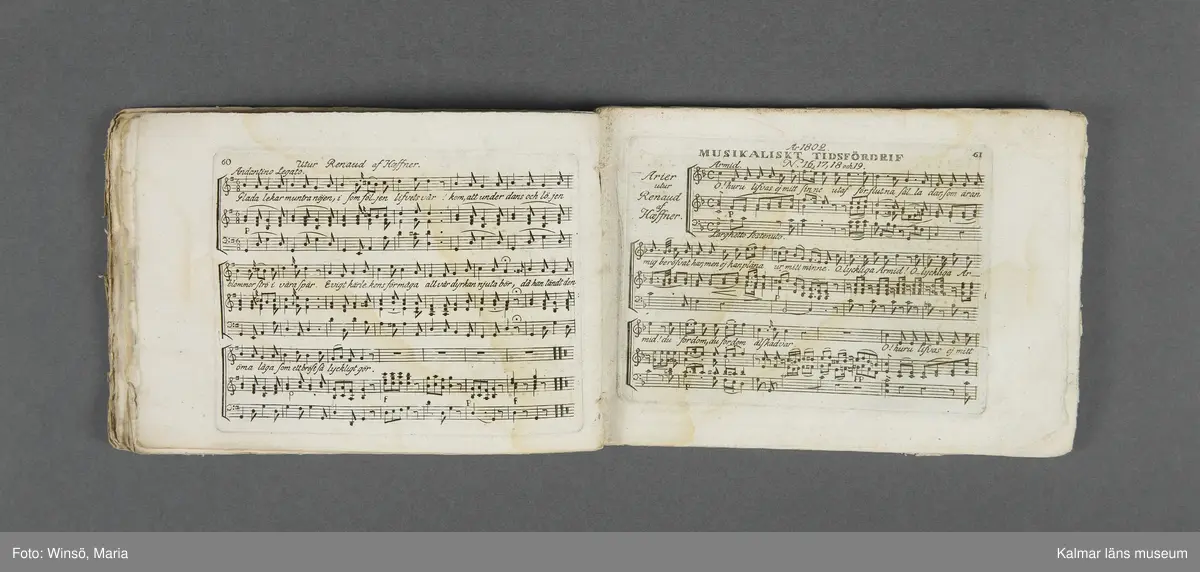 KLM 21069:1. Notbok, tryck. Av papper. På omslaget: Musikaliskt Tidsfördrif för år 1802. Stockholm och Kongl. Priviligierade Not-Tryckeriet. Tvärformat. Sidor 77-80 saknas. Kompositioner av bl.a. Naumann, Della-Maria, Åhlström.