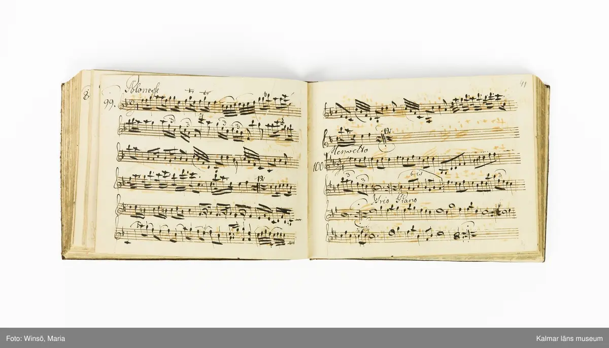 KLM 21071. Notbok, handskrift. Tvärformat. Helt skinnband med marmorering samt guldpräglade dekorelement. På pärmens framsida: VIOLINO PRIMO. På försättsbladet: I:N:J:C. samt Adam Lorentz Stålhammar ao 1773. Därefter handskrivna kompositioner, menuetter.