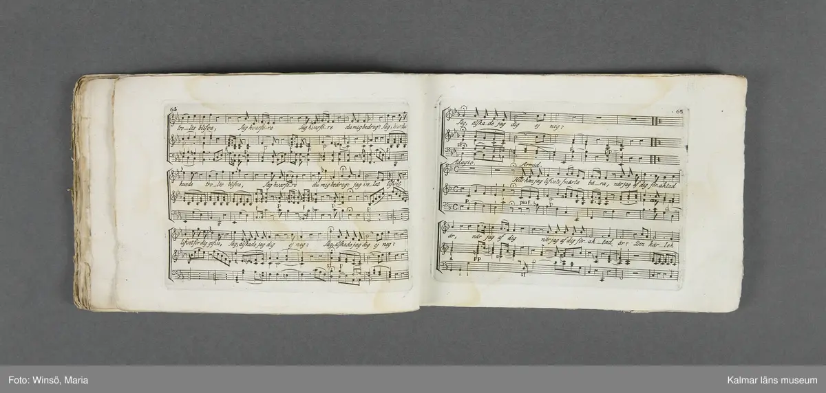 KLM 21069:1. Notbok, tryck. Av papper. På omslaget: Musikaliskt Tidsfördrif för år 1802. Stockholm och Kongl. Priviligierade Not-Tryckeriet. Tvärformat. Sidor 77-80 saknas. Kompositioner av bl.a. Naumann, Della-Maria, Åhlström.