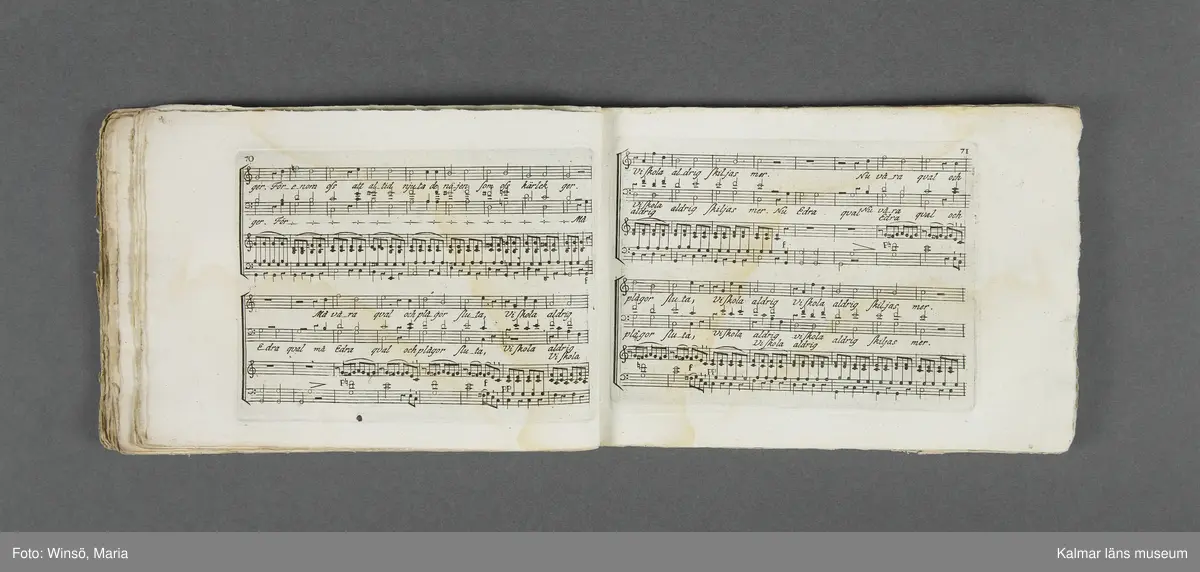 KLM 21069:1. Notbok, tryck. Av papper. På omslaget: Musikaliskt Tidsfördrif för år 1802. Stockholm och Kongl. Priviligierade Not-Tryckeriet. Tvärformat. Sidor 77-80 saknas. Kompositioner av bl.a. Naumann, Della-Maria, Åhlström.
