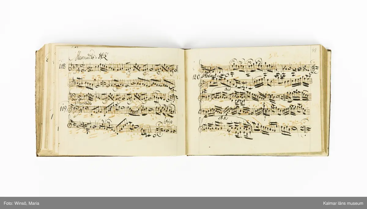 KLM 21071. Notbok, handskrift. Tvärformat. Helt skinnband med marmorering samt guldpräglade dekorelement. På pärmens framsida: VIOLINO PRIMO. På försättsbladet: I:N:J:C. samt Adam Lorentz Stålhammar ao 1773. Därefter handskrivna kompositioner, menuetter.