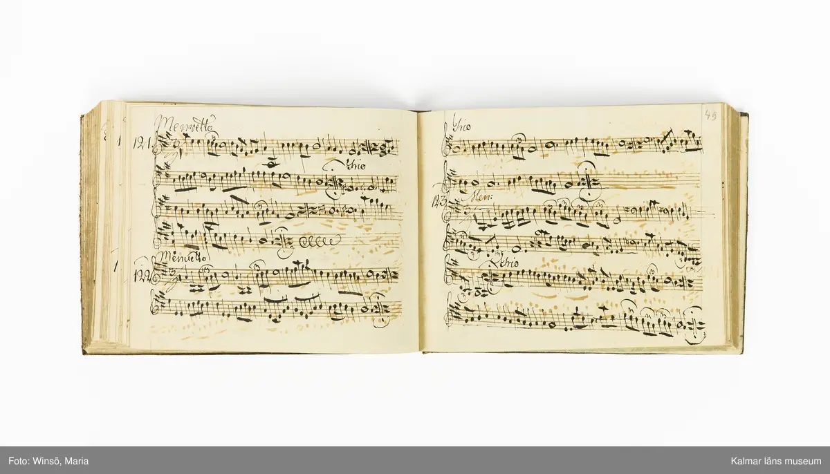KLM 21071. Notbok, handskrift. Tvärformat. Helt skinnband med marmorering samt guldpräglade dekorelement. På pärmens framsida: VIOLINO PRIMO. På försättsbladet: I:N:J:C. samt Adam Lorentz Stålhammar ao 1773. Därefter handskrivna kompositioner, menuetter.