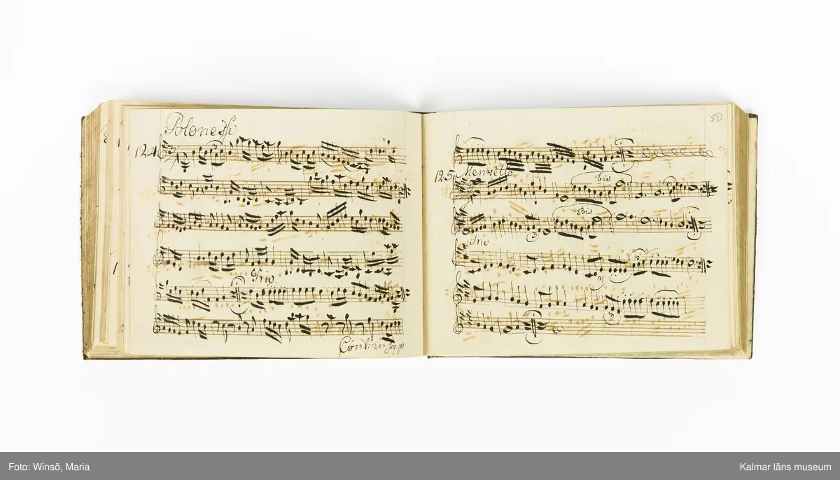 KLM 21071. Notbok, handskrift. Tvärformat. Helt skinnband med marmorering samt guldpräglade dekorelement. På pärmens framsida: VIOLINO PRIMO. På försättsbladet: I:N:J:C. samt Adam Lorentz Stålhammar ao 1773. Därefter handskrivna kompositioner, menuetter.