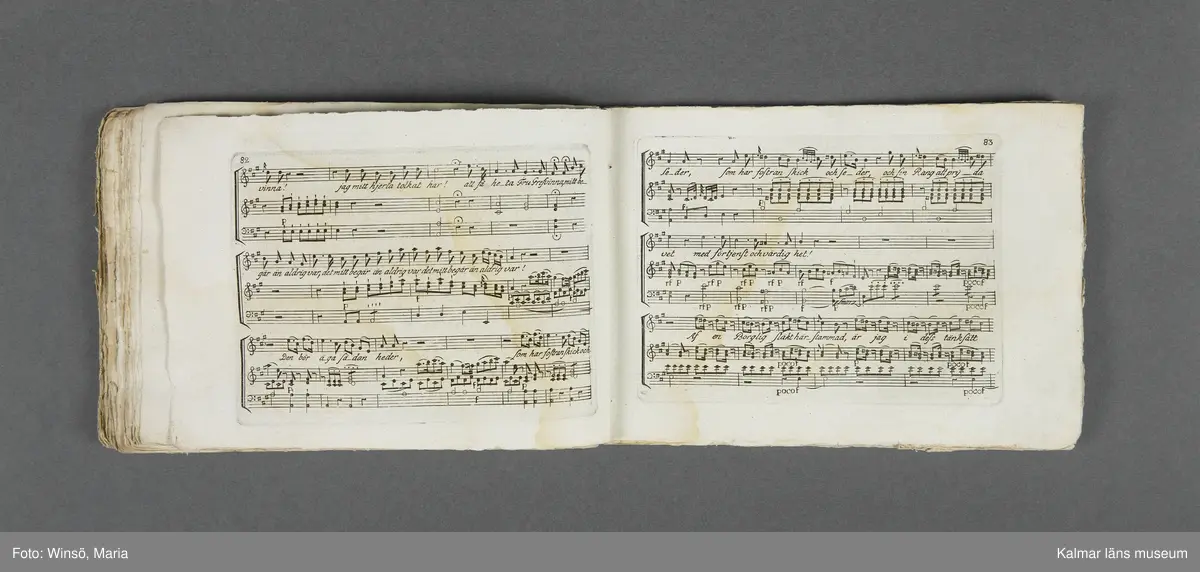 KLM 21069:1. Notbok, tryck. Av papper. På omslaget: Musikaliskt Tidsfördrif för år 1802. Stockholm och Kongl. Priviligierade Not-Tryckeriet. Tvärformat. Sidor 77-80 saknas. Kompositioner av bl.a. Naumann, Della-Maria, Åhlström.