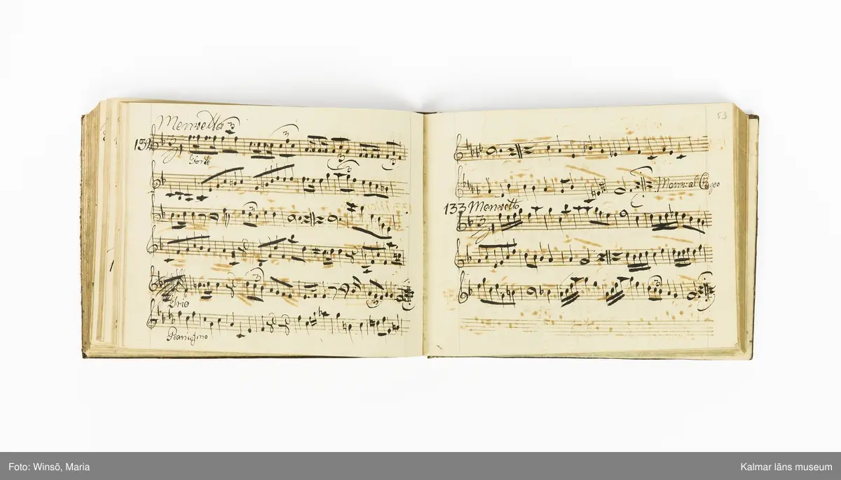 KLM 21071. Notbok, handskrift. Tvärformat. Helt skinnband med marmorering samt guldpräglade dekorelement. På pärmens framsida: VIOLINO PRIMO. På försättsbladet: I:N:J:C. samt Adam Lorentz Stålhammar ao 1773. Därefter handskrivna kompositioner, menuetter.