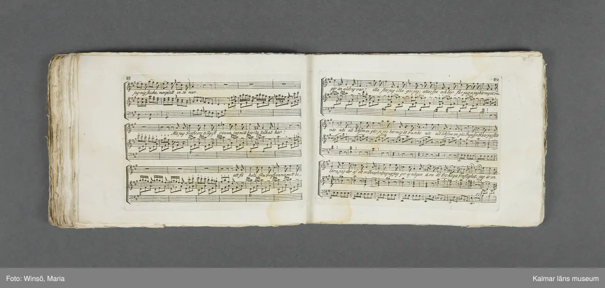 KLM 21069:1. Notbok, tryck. Av papper. På omslaget: Musikaliskt Tidsfördrif för år 1802. Stockholm och Kongl. Priviligierade Not-Tryckeriet. Tvärformat. Sidor 77-80 saknas. Kompositioner av bl.a. Naumann, Della-Maria, Åhlström.