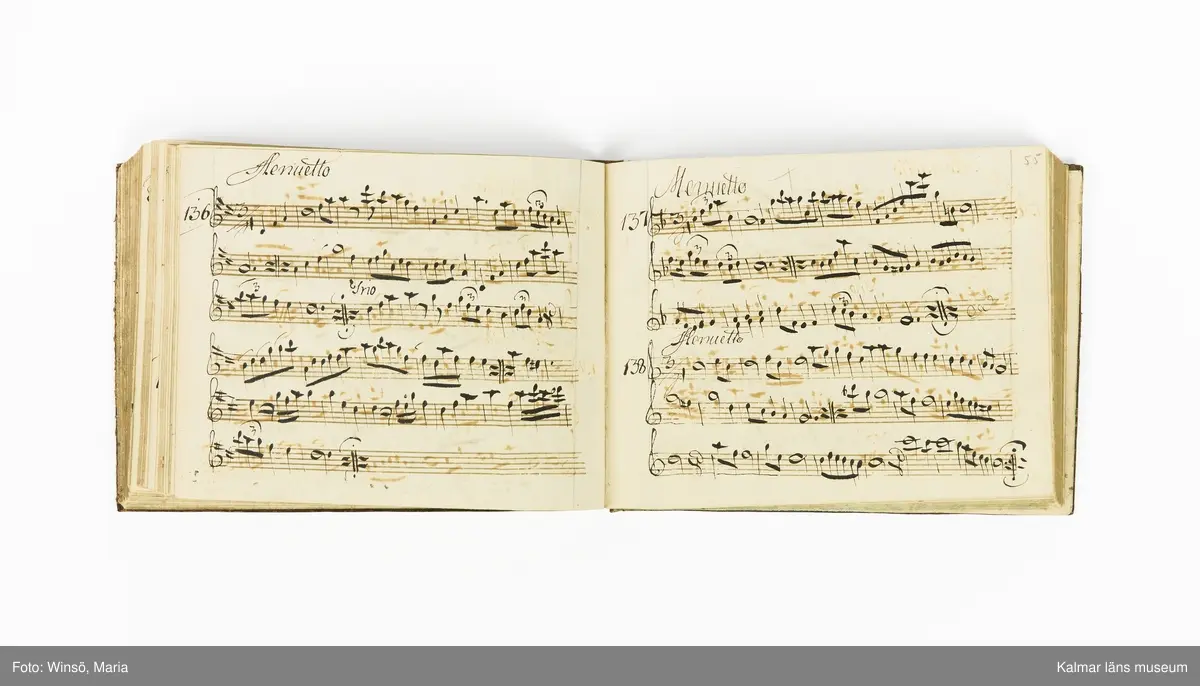 KLM 21071. Notbok, handskrift. Tvärformat. Helt skinnband med marmorering samt guldpräglade dekorelement. På pärmens framsida: VIOLINO PRIMO. På försättsbladet: I:N:J:C. samt Adam Lorentz Stålhammar ao 1773. Därefter handskrivna kompositioner, menuetter.