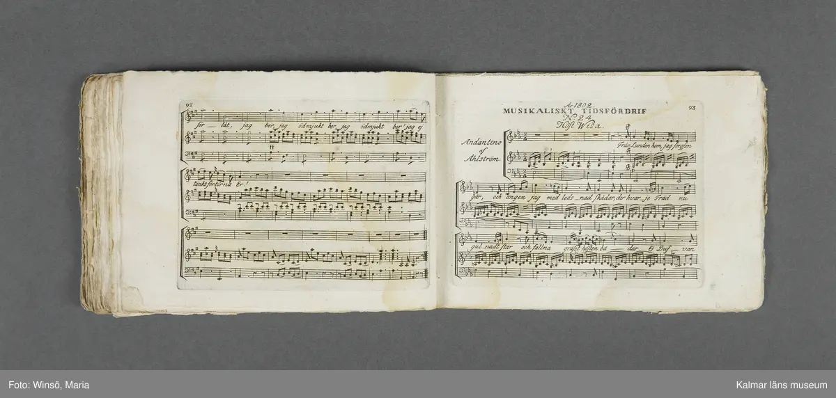 KLM 21069:1. Notbok, tryck. Av papper. På omslaget: Musikaliskt Tidsfördrif för år 1802. Stockholm och Kongl. Priviligierade Not-Tryckeriet. Tvärformat. Sidor 77-80 saknas. Kompositioner av bl.a. Naumann, Della-Maria, Åhlström.
