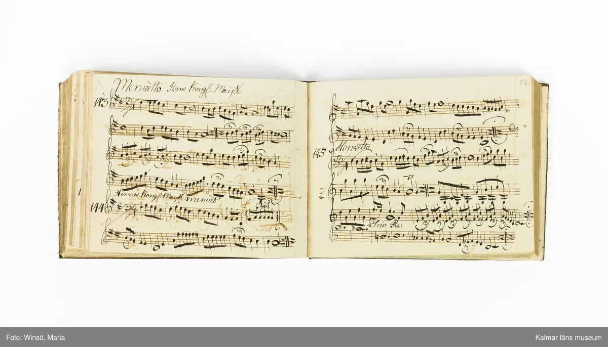 KLM 21071. Notbok, handskrift. Tvärformat. Helt skinnband med marmorering samt guldpräglade dekorelement. På pärmens framsida: VIOLINO PRIMO. På försättsbladet: I:N:J:C. samt Adam Lorentz Stålhammar ao 1773. Därefter handskrivna kompositioner, menuetter.