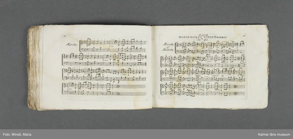 KLM 21069:1. Notbok, tryck. Av papper. På omslaget: Musikaliskt Tidsfördrif för år 1802. Stockholm och Kongl. Priviligierade Not-Tryckeriet. Tvärformat. Sidor 77-80 saknas. Kompositioner av bl.a. Naumann, Della-Maria, Åhlström.