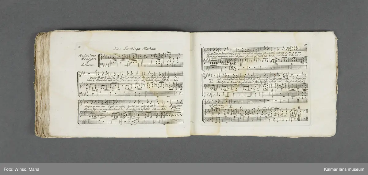 KLM 21069:1. Notbok, tryck. Av papper. På omslaget: Musikaliskt Tidsfördrif för år 1802. Stockholm och Kongl. Priviligierade Not-Tryckeriet. Tvärformat. Sidor 77-80 saknas. Kompositioner av bl.a. Naumann, Della-Maria, Åhlström.