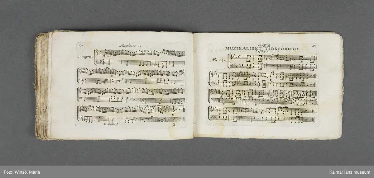 KLM 21069:1. Notbok, tryck. Av papper. På omslaget: Musikaliskt Tidsfördrif för år 1802. Stockholm och Kongl. Priviligierade Not-Tryckeriet. Tvärformat. Sidor 77-80 saknas. Kompositioner av bl.a. Naumann, Della-Maria, Åhlström.