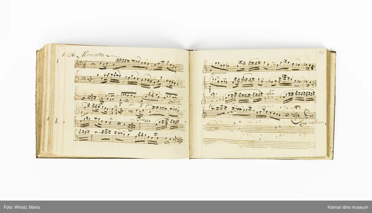 KLM 21071. Notbok, handskrift. Tvärformat. Helt skinnband med marmorering samt guldpräglade dekorelement. På pärmens framsida: VIOLINO PRIMO. På försättsbladet: I:N:J:C. samt Adam Lorentz Stålhammar ao 1773. Därefter handskrivna kompositioner, menuetter.