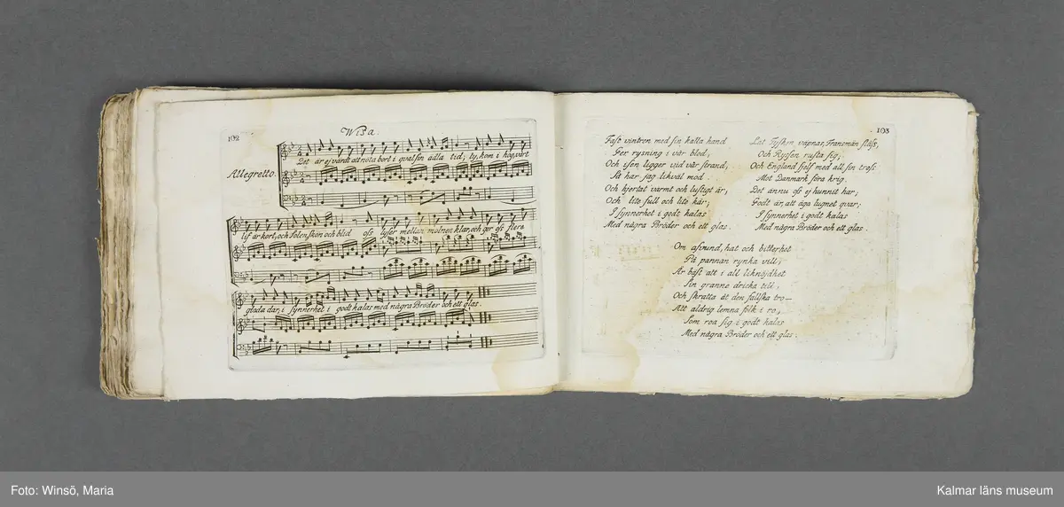 KLM 21069:1. Notbok, tryck. Av papper. På omslaget: Musikaliskt Tidsfördrif för år 1802. Stockholm och Kongl. Priviligierade Not-Tryckeriet. Tvärformat. Sidor 77-80 saknas. Kompositioner av bl.a. Naumann, Della-Maria, Åhlström.