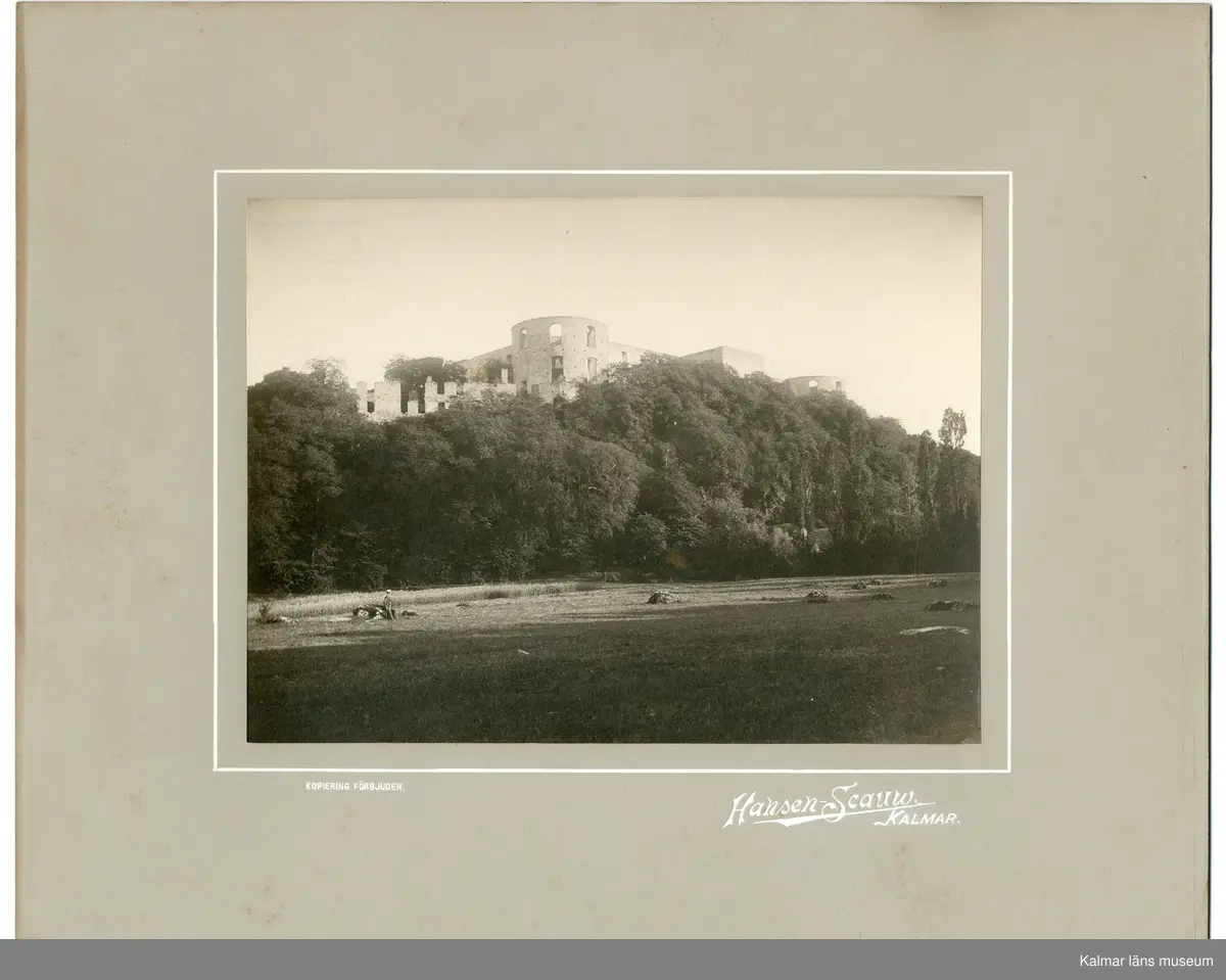 Motivet föreställer Borgholms slottsruin från norr omkring sekelskiftet 1900.