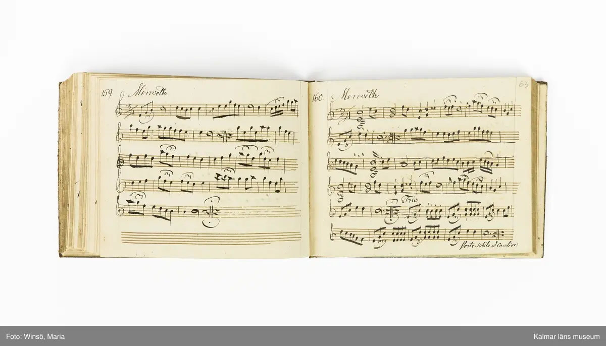 KLM 21071. Notbok, handskrift. Tvärformat. Helt skinnband med marmorering samt guldpräglade dekorelement. På pärmens framsida: VIOLINO PRIMO. På försättsbladet: I:N:J:C. samt Adam Lorentz Stålhammar ao 1773. Därefter handskrivna kompositioner, menuetter.