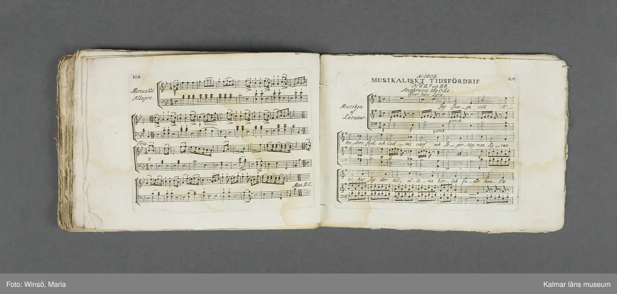 KLM 21069:1. Notbok, tryck. Av papper. På omslaget: Musikaliskt Tidsfördrif för år 1802. Stockholm och Kongl. Priviligierade Not-Tryckeriet. Tvärformat. Sidor 77-80 saknas. Kompositioner av bl.a. Naumann, Della-Maria, Åhlström.