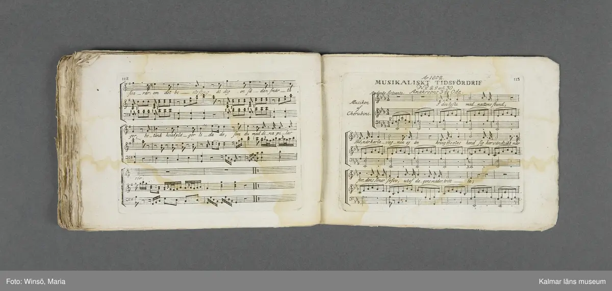 KLM 21069:1. Notbok, tryck. Av papper. På omslaget: Musikaliskt Tidsfördrif för år 1802. Stockholm och Kongl. Priviligierade Not-Tryckeriet. Tvärformat. Sidor 77-80 saknas. Kompositioner av bl.a. Naumann, Della-Maria, Åhlström.