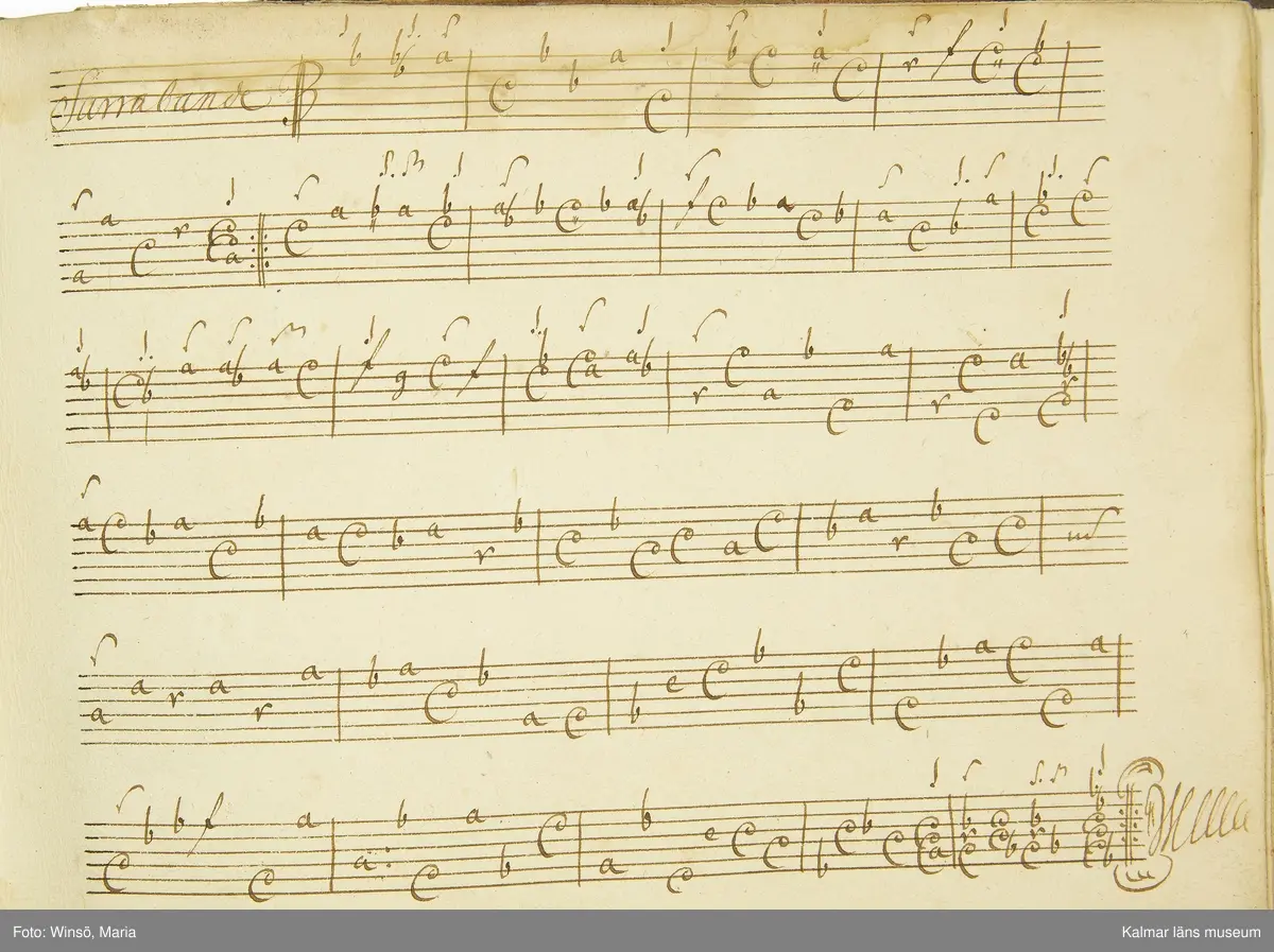 KLM 21068. Notbok, handskrift. 34 blad (68 sidor). Tvärformat. Brunt helt skinnband med präglad gulddekor på ryggen. På pärmens insida en namnteckning: O:F:Stålhammar, samt påklistrad reklametikett i kopparstick för pappershandlare Maingueneau i Paris 1697. På försättsbladet stämplat i svart med Stålhammarska vapnet. 

Handskriften påbörjad från bokens båda sidor. Den första delen består av tabulaturer för barockluta (bild 8-30 illustrerar denna del av boken). På försättsbladet till andra delen av boken: A la Viole de Gambe samt Otto Fried Stålhammar (bild 31 och framåt illustrerar denna delen av boken).