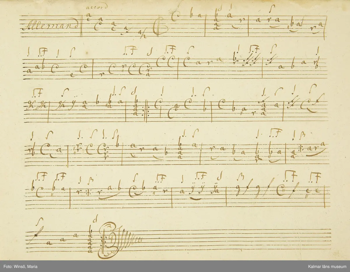 KLM 21068. Notbok, handskrift. 34 blad (68 sidor). Tvärformat. Brunt helt skinnband med präglad gulddekor på ryggen. På pärmens insida en namnteckning: O:F:Stålhammar, samt påklistrad reklametikett i kopparstick för pappershandlare Maingueneau i Paris 1697. På försättsbladet stämplat i svart med Stålhammarska vapnet. 

Handskriften påbörjad från bokens båda sidor. Den första delen består av tabulaturer för barockluta (bild 8-30 illustrerar denna del av boken). På försättsbladet till andra delen av boken: A la Viole de Gambe samt Otto Fried Stålhammar (bild 31 och framåt illustrerar denna delen av boken).