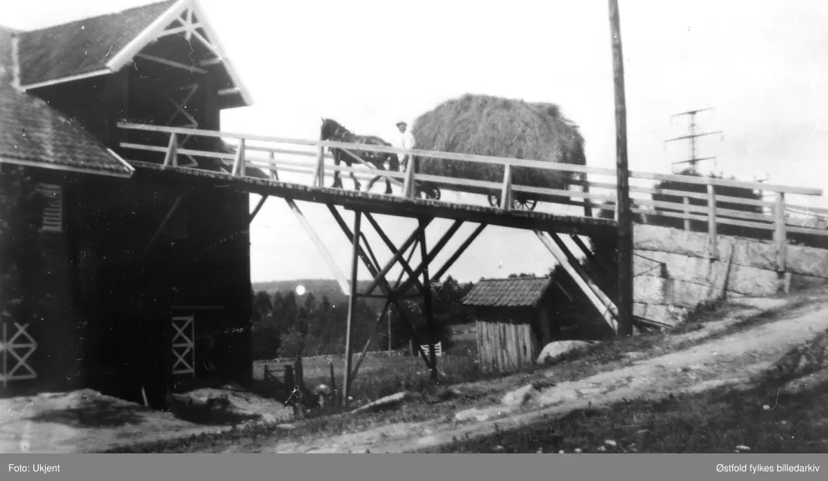 Høykjøring på Hasle i Varteig 1929. Det er Arthur Hasle som kjører.