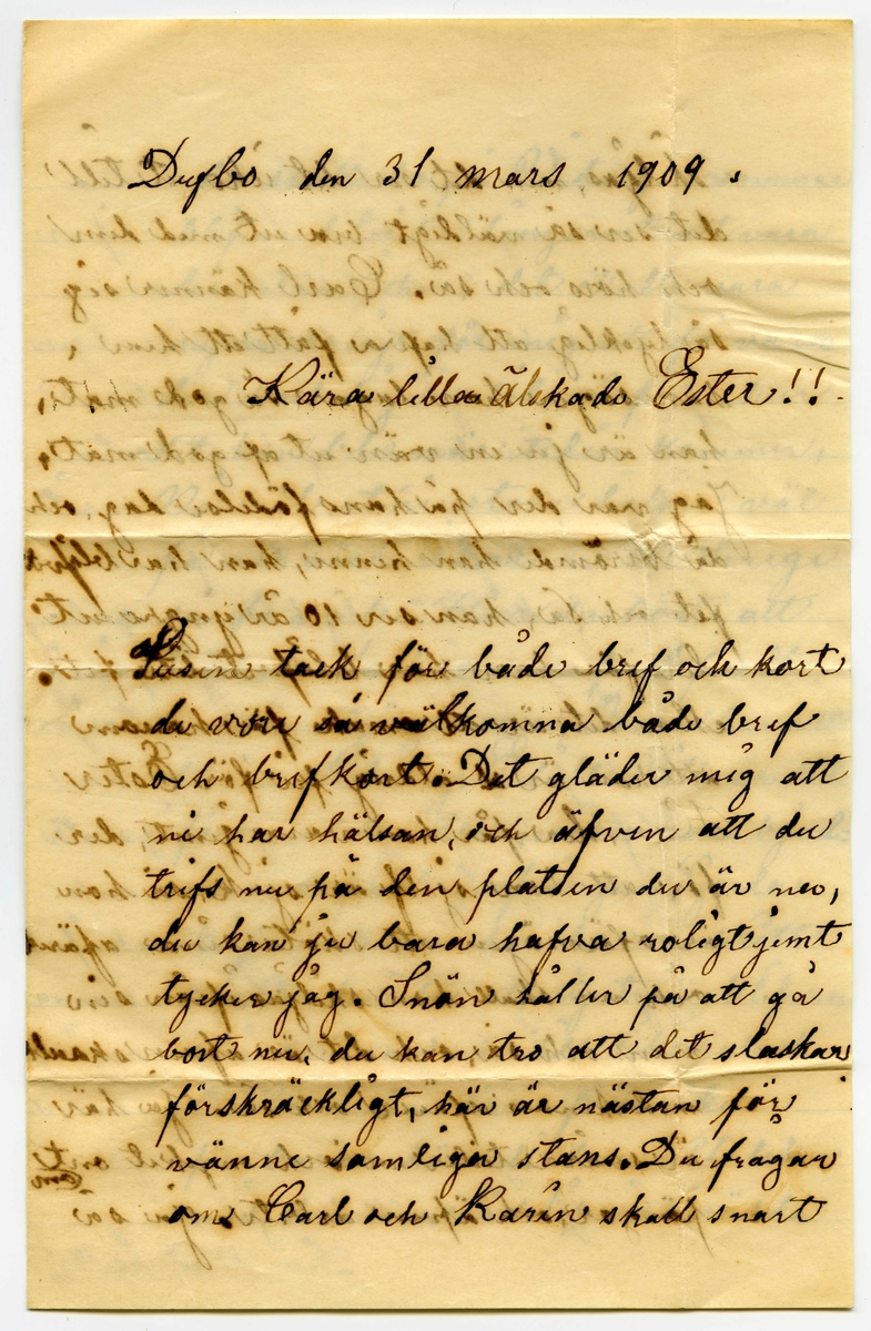 Brev 1909-03-31 från Johanna Nilsdotter-Ellqvist till Ester Bauer, bestående av fyra sidor skrivna på fram- och baksidan av ett vikt pappersark, samt kuvert. Huvudsaklig skrift handskriven med svart bläck.
.
BREVAVSKRIFT:
.
[Kuvert, framsida med två röda frimärken, Sverige, 10 öre samt suddiga poststämplar (Stockholm) ]
Konstnärinnan
Fru Esther Bauer
Circolum Scandinav--
Campo Marzo 46
Roma
Italien
.
[Kuvert baksida med halv poststämpel: ROM C 25 4
CENT--]
.
[Sida 1]
Dufbo den 31 mars 1909.
Tusen tack för både bref och kort
de voro så välkomna både bref
och brefkort. Det gläder mig att
ni har hälsan, och äfven att du
trifs nu på den platsen du är nu,
du kan ju bara hafva roligt jemt
tycker jag. Snön håller på att gå
bort nu, du kan tro att det slaskar
förskräckligt, här är nästan för
vänne somliga stans. Du frågar
om Carl och Karin skall snart
.
[Sida 2]
skiljas, men det ser det icke ut till
det ser så väldigt bra ut med dem
och hörs och så. Carl känner sig
så lycklig att hafva fått ett hem,
han säger hon lagar så god mat,
han är ju en vän ut af god mat.
Jag var der på hans födelse dag, och
då berömde han henne, han har blifvit
fet och sa, han ser 10 år yngre ut
der för han har blifvit lite fet.
Men det är ett omak för honom
att hon är [överstruket: l] aldrig fri för Ester
Han, der får hon vara jemt, der
för att hon sjelf är sjuk, så hon
är oförmögen att sköta sina afärer
och nu skall hon skiljas ifrån sin
man och så, och det är äfven skralt
med hennes afärer och så. Ja här
är svåra tider nu och mycket ont [inskrivet: om]
pängar och äfven arbete. Ja så
.
[Sida 3]
du skall bo på Vidinge i sommar
blifver det icke långsamt att vara
der utan John? det skulle vara
mycket roligt för mig att få vara 
der hoss dig en tid, vi få se hur
det kan bli när tiden kommer,
Ni väl atminstone helsar väl
på oss när ni kommer till Sverge
så få vi se. Har du hört att 
Fröken Karlsson är förlofvadt
med en Görgensen, Oscar har sett
det i en tidning. Edidt Vik är död
för en tid sedan, våra voro bjud-
na med på begrafningen, Gerda
skrifver sedan hon har så brått
nu. Du kan tro att Gute är blifven
stor och rar men till lika elack
ibland han är en förskräckelse
för barnen här ute han vill leka
med dem men så blifva de rädda
.
[Sida 4]
och tro att han vill bita dem.
Här är mycket vackert, och blifver
mycket vackrare till sommaren
men vi saknar saltsjön visserligen
finns här en sjö, men det är bara
en insjö, den är ej långt borta
ifrån oss der vi bo, der har varit
mycken trafik i vintras på isen
ibland kolörta lycktor om qvällar
na. Jag börjar nu att krya på mig
nu till våren när vädret borjar
att blifva vackert och dagarna
blifva långa. Ja nu får jag sluta
tycker gute han kommer och
vill si hur mycket jag har skrifvit
jag mins ej nu [inskrivet: mera] att omtala här hemma
och äfven i stan går alt sin gemna gång
Hvad der måste vara vackert der du nu
bor. Många och kära helsningar
ifrån oss alla. Helsa John
Din moder