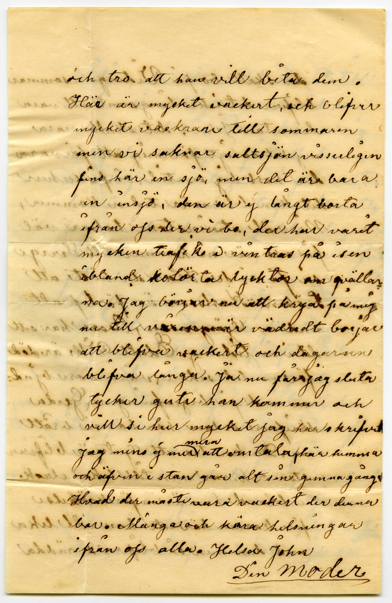Brev 1909-03-31 från Johanna Nilsdotter-Ellqvist till Ester Bauer, bestående av fyra sidor skrivna på fram- och baksidan av ett vikt pappersark, samt kuvert. Huvudsaklig skrift handskriven med svart bläck.
.
BREVAVSKRIFT:
.
[Kuvert, framsida med två röda frimärken, Sverige, 10 öre samt suddiga poststämplar (Stockholm) ]
Konstnärinnan
Fru Esther Bauer
Circolum Scandinav--
Campo Marzo 46
Roma
Italien
.
[Kuvert baksida med halv poststämpel: ROM C 25 4
CENT--]
.
[Sida 1]
Dufbo den 31 mars 1909.
Tusen tack för både bref och kort
de voro så välkomna både bref
och brefkort. Det gläder mig att
ni har hälsan, och äfven att du
trifs nu på den platsen du är nu,
du kan ju bara hafva roligt jemt
tycker jag. Snön håller på att gå
bort nu, du kan tro att det slaskar
förskräckligt, här är nästan för
vänne somliga stans. Du frågar
om Carl och Karin skall snart
.
[Sida 2]
skiljas, men det ser det icke ut till
det ser så väldigt bra ut med dem
och hörs och så. Carl känner sig
så lycklig att hafva fått ett hem,
han säger hon lagar så god mat,
han är ju en vän ut af god mat.
Jag var der på hans födelse dag, och
då berömde han henne, han har blifvit
fet och sa, han ser 10 år yngre ut
der för han har blifvit lite fet.
Men det är ett omak för honom
att hon är [överstruket: l] aldrig fri för Ester
Han, der får hon vara jemt, der
för att hon sjelf är sjuk, så hon
är oförmögen att sköta sina afärer
och nu skall hon skiljas ifrån sin
man och så, och det är äfven skralt
med hennes afärer och så. Ja här
är svåra tider nu och mycket ont [inskrivet: om]
pängar och äfven arbete. Ja så
.
[Sida 3]
du skall bo på Vidinge i sommar
blifver det icke långsamt att vara
der utan John? det skulle vara
mycket roligt för mig att få vara 
der hoss dig en tid, vi få se hur
det kan bli när tiden kommer,
Ni väl atminstone helsar väl
på oss när ni kommer till Sverge
så få vi se. Har du hört att 
Fröken Karlsson är förlofvadt
med en Görgensen, Oscar har sett
det i en tidning. Edidt Vik är död
för en tid sedan, våra voro bjud-
na med på begrafningen, Gerda
skrifver sedan hon har så brått
nu. Du kan tro att Gute är blifven
stor och rar men till lika elack
ibland han är en förskräckelse
för barnen här ute han vill leka
med dem men så blifva de rädda
.
[Sida 4]
och tro att han vill bita dem.
Här är mycket vackert, och blifver
mycket vackrare till sommaren
men vi saknar saltsjön visserligen
finns här en sjö, men det är bara
en insjö, den är ej långt borta
ifrån oss der vi bo, der har varit
mycken trafik i vintras på isen
ibland kolörta lycktor om qvällar
na. Jag börjar nu att krya på mig
nu till våren när vädret borjar
att blifva vackert och dagarna
blifva långa. Ja nu får jag sluta
tycker gute han kommer och
vill si hur mycket jag har skrifvit
jag mins ej nu [inskrivet: mera] att omtala här hemma
och äfven i stan går alt sin gemna gång
Hvad der måste vara vackert der du nu
bor. Många och kära helsningar
ifrån oss alla. Helsa John
Din moder
