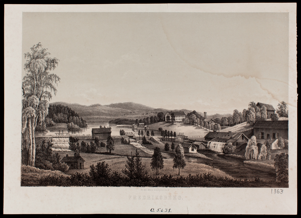 Litografi. Tryckt bild med motiv från Fredriksbergs bruk. Tryckt hos Abraham Lundquist & Co.