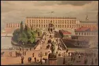 Reklamaffisch. Reproduktion av chromolitografi, s.k. oljetryck. Reklam för Ayalachampagne i början av 1890-talet. Motiv från Stockholm. Vy från Gustav Adolfs torg över Norrbro mot Stockholms Slott.
