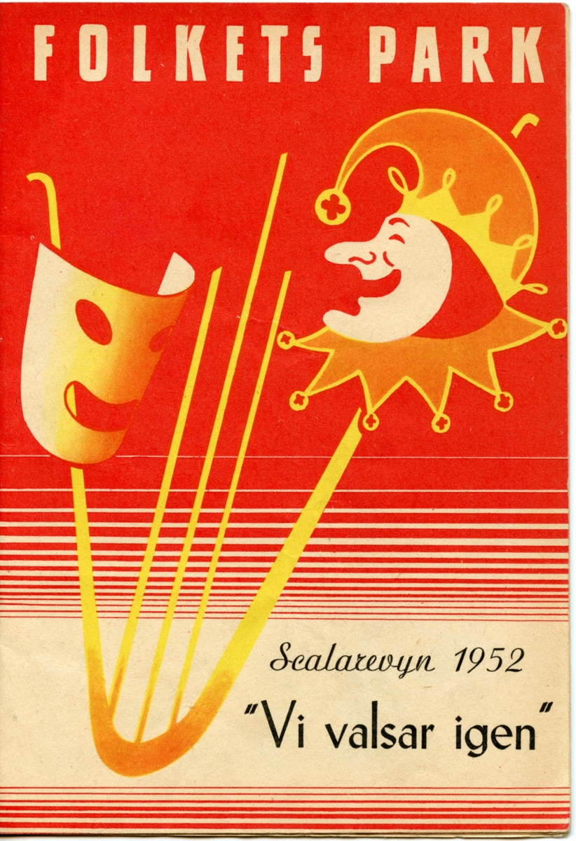 Program för Scalarevyn "Vi valsar igen" - 1952. Inlaga på 16 sidor som innehåller information om föreställningen och annonser.

Tillstånd vid förvärv: Lätt slitet.