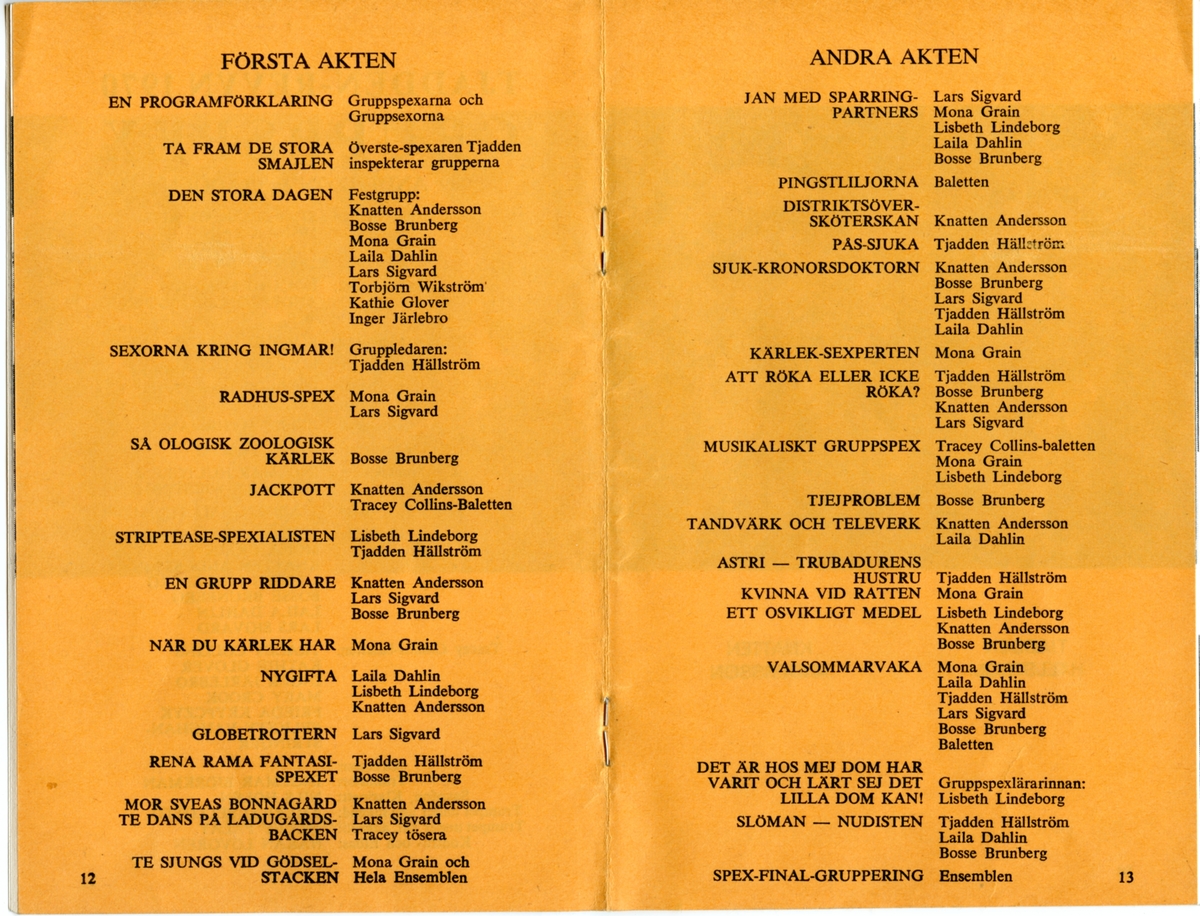 Program från Tjadden-revyn "Gruppspex" - 1970. Innehåller information om föreställningen och annonser.


Tillstånd vid förvärv: Gott skick.