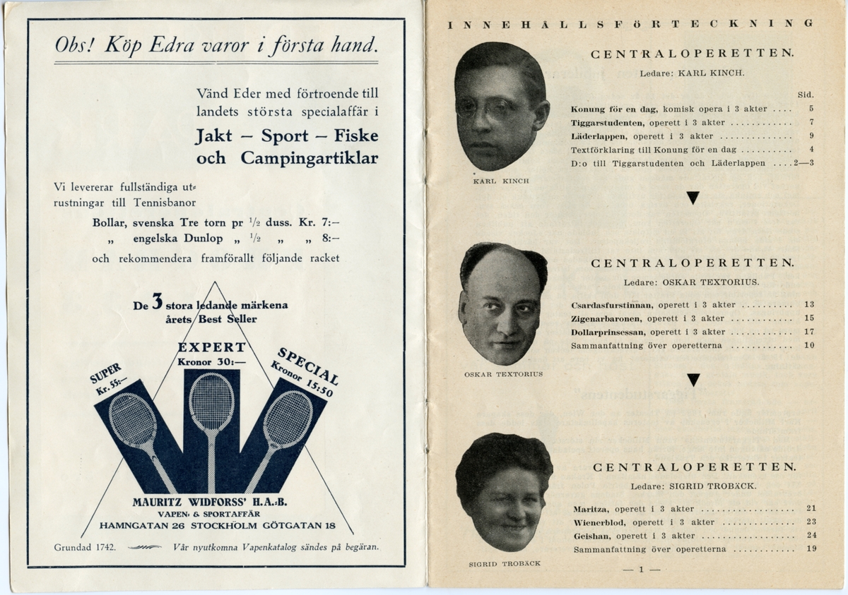 Program för Centraloperettens föreställningar 1933. Innehåller information om årets föreställningar och reklam.