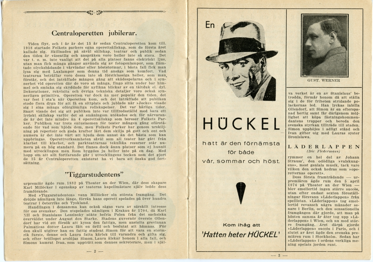 Program för Centraloperettens föreställningar 1933. Innehåller information om årets föreställningar och reklam.