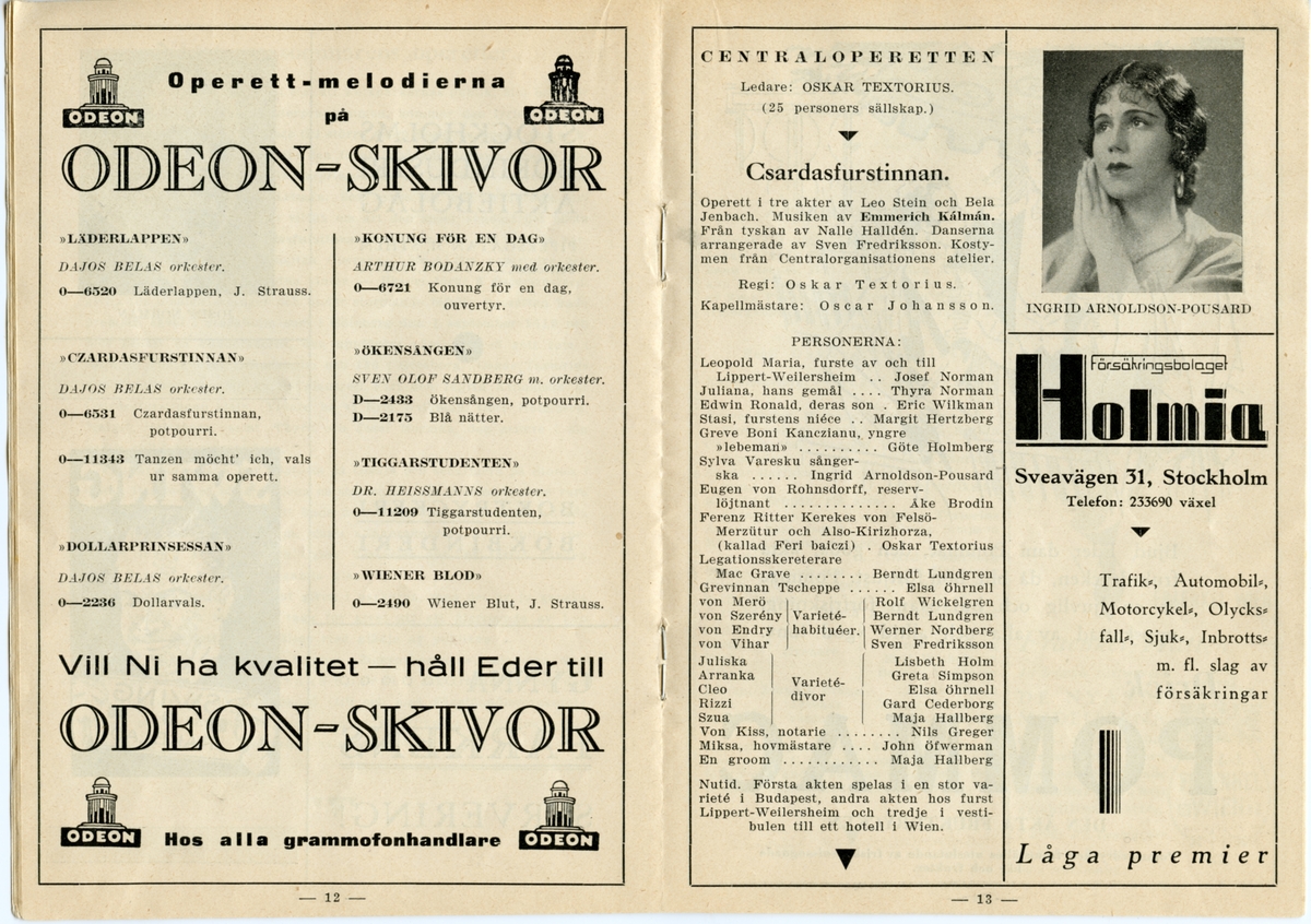 Program för Centraloperettens föreställningar 1933. Innehåller information om årets föreställningar och reklam.