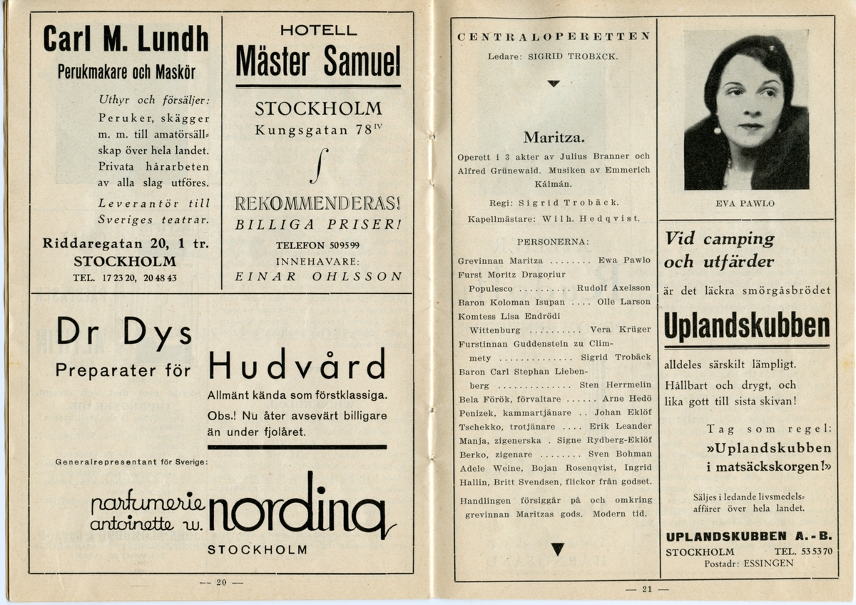 Program för Centraloperettens föreställningar 1933. Innehåller information om årets föreställningar och reklam.