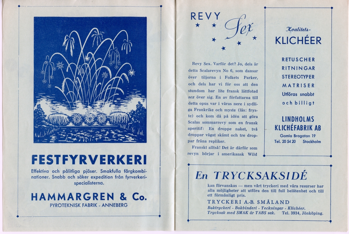 Program för Folkets Park och Scalarevyns uppsättning av "Revy Sex" från 1950. Innehåller information om föreställningen och reklam.