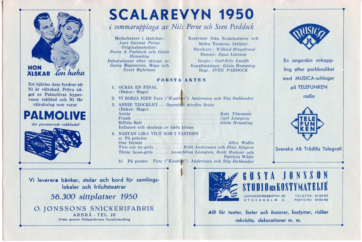 Program för Folkets Park och Scalarevyns uppsättning av "Revy Sex" från 1950. Innehåller information om föreställningen och reklam.