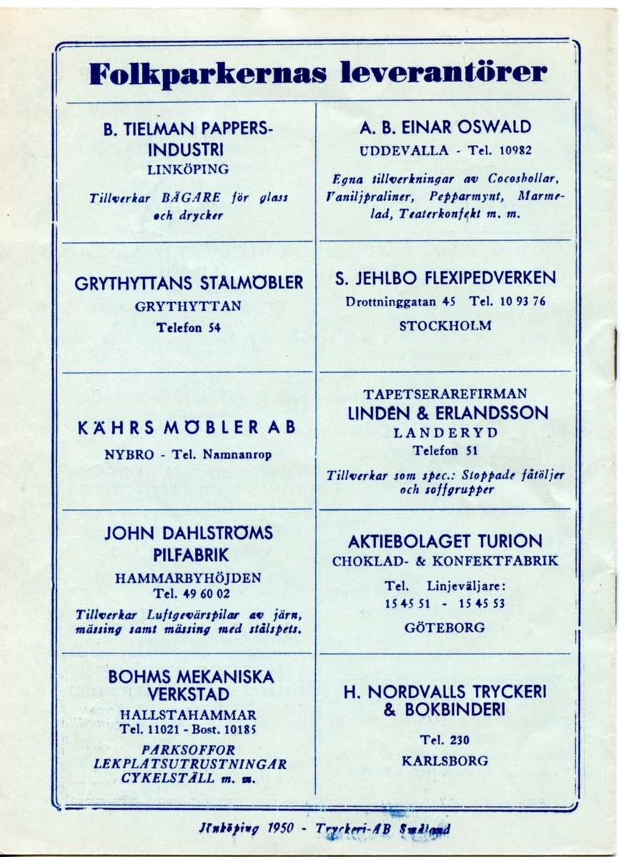 Program för Folkets Park och Scalarevyns uppsättning av "Revy Sex" från 1950. Innehåller information om föreställningen och reklam.