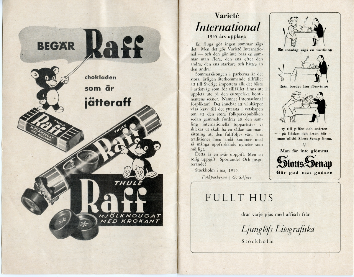 Program för Folkets Parks och Varieté Internationals artistföreställning från 1955. Innehåller information om föreställningen och reklam.