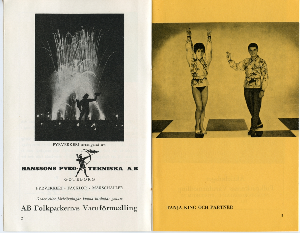Program för Folkets Parks och Varieté Internationals artistföreställning (okänt årtal). Innehåller information om föreställningen och reklam.