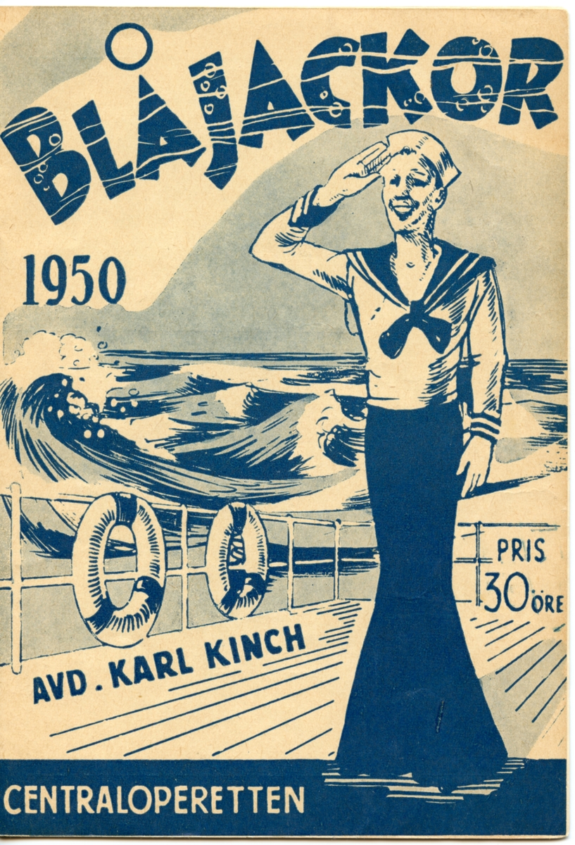 Program för Centraloperettens uppsättning av "Blåjackor" från 1950. Innehåller information om föreställningen och reklam.
