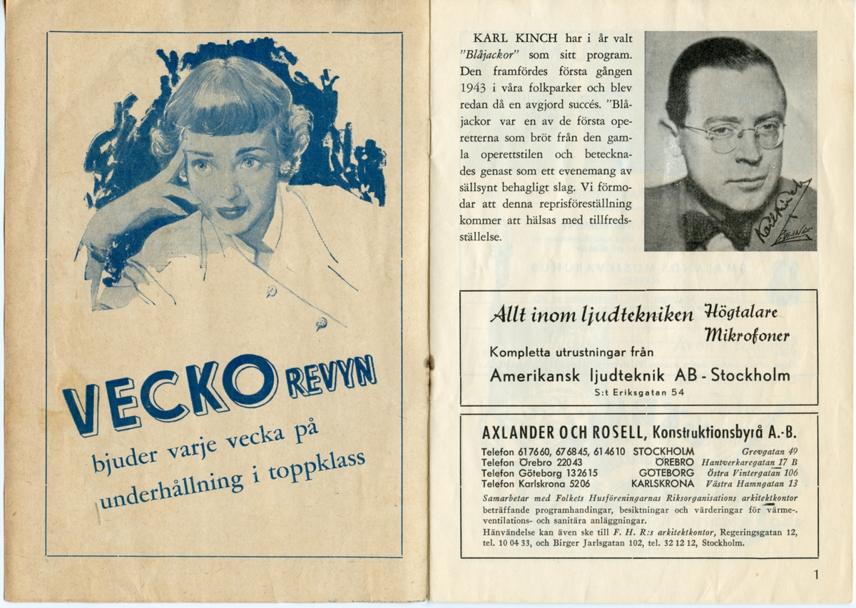 Program för Centraloperettens uppsättning av "Blåjackor" från 1950. Innehåller information om föreställningen och reklam.