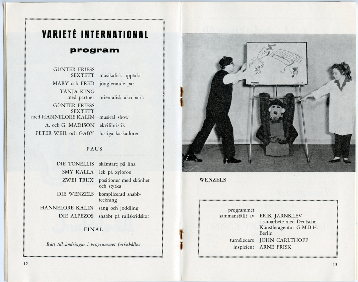 Program för Folkets Parks och Varieté Internationals artistföreställning (okänt årtal). Innehåller information om föreställningen och reklam.