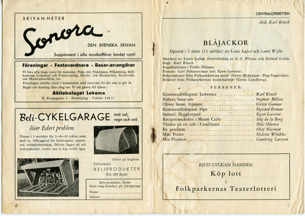 Program för Centraloperettens uppsättning av "Blåjackor" från 1950. Innehåller information om föreställningen och reklam.