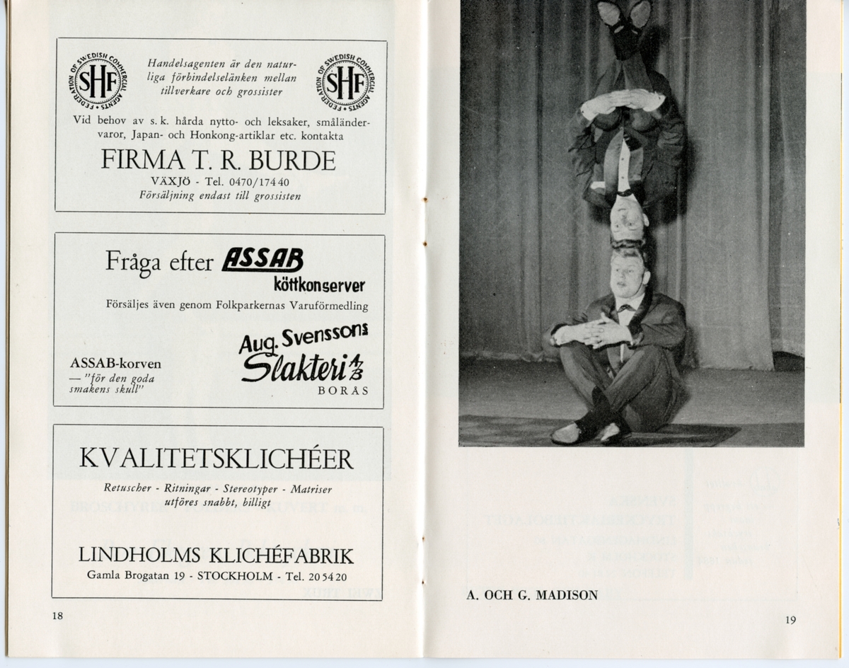 Program för Folkets Parks och Varieté Internationals artistföreställning (okänt årtal). Innehåller information om föreställningen och reklam.