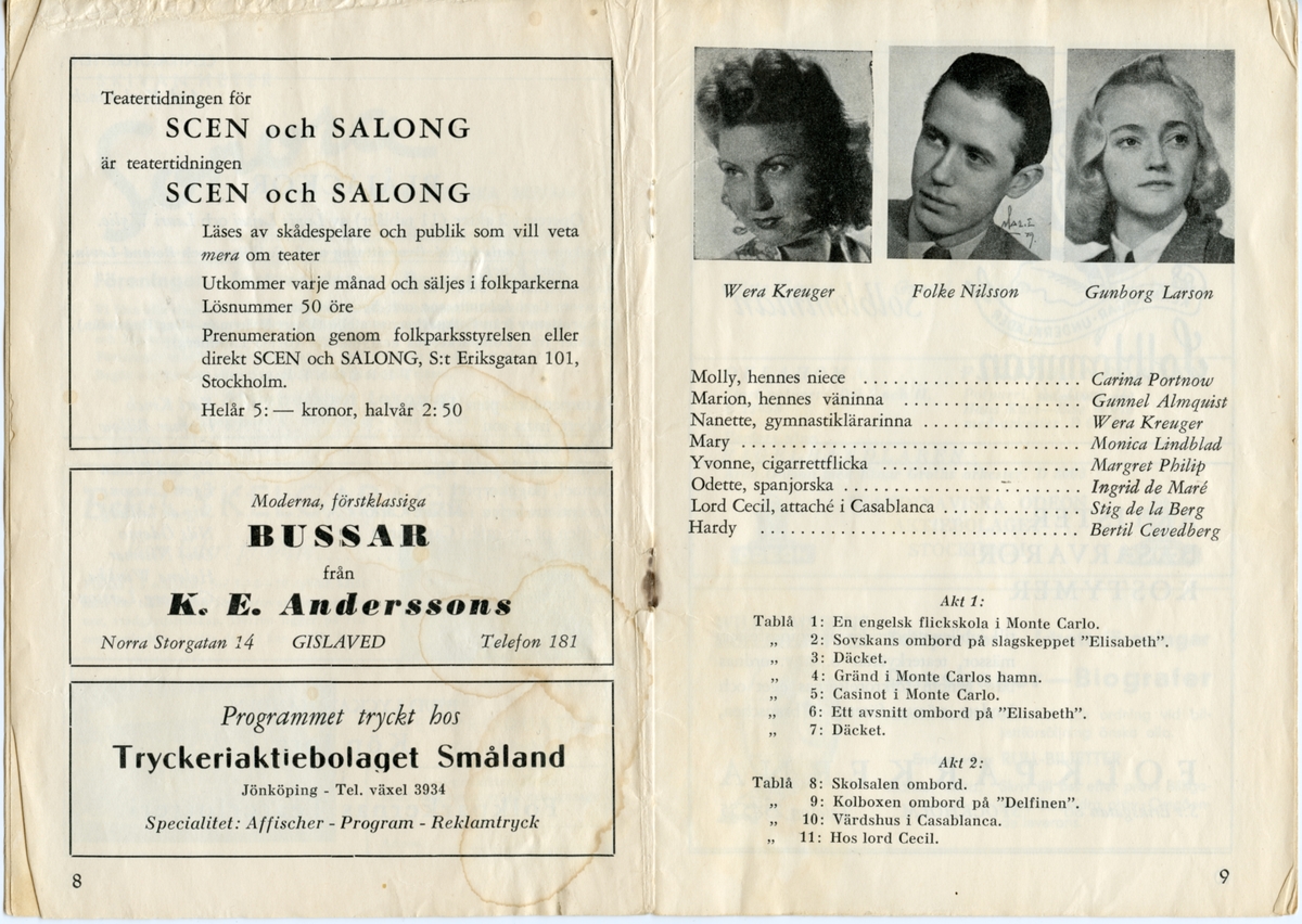 Program för Centraloperettens uppsättning av "Blåjackor" från 1950. Innehåller information om föreställningen och reklam.