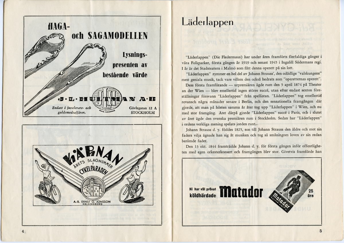 Program för Centraloperetten med Malmö Stadsteaters uppsättning av "Läderlappen" (okänt årtal). Innehåller information om föreställningen och reklam.