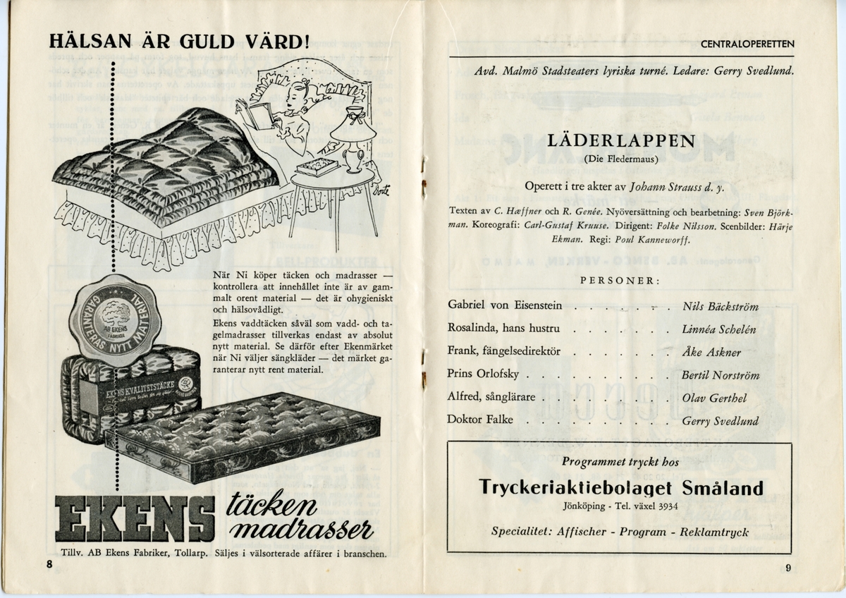 Program för Centraloperetten med Malmö Stadsteaters uppsättning av "Läderlappen" (okänt årtal). Innehåller information om föreställningen och reklam.