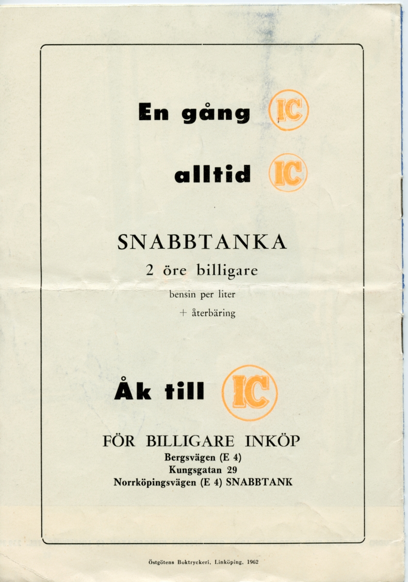 Program för Folkets hus teaters och Linköpingsrevyns uppsättning av "Gå å bada!" 1962. Innehåller information om föreställningen och reklam.